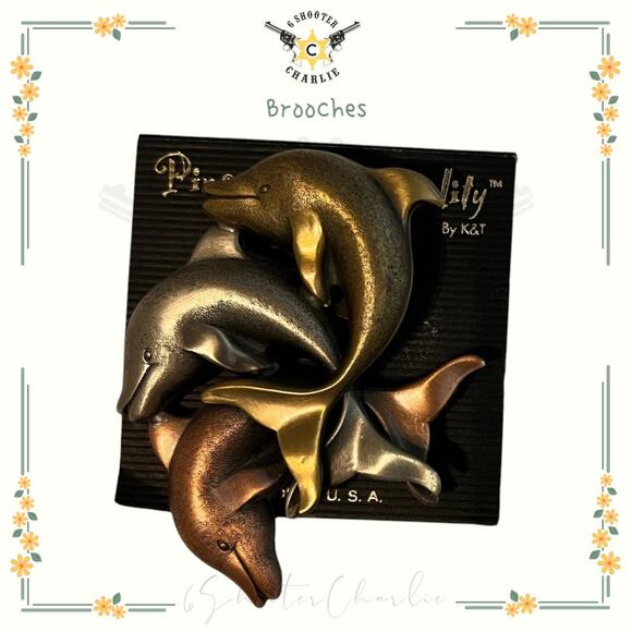 Pins with Personality Jewelry - NEW Vintage Dolphin Pins With Personality By K&T Brooches Gold Silver Bronze 3"